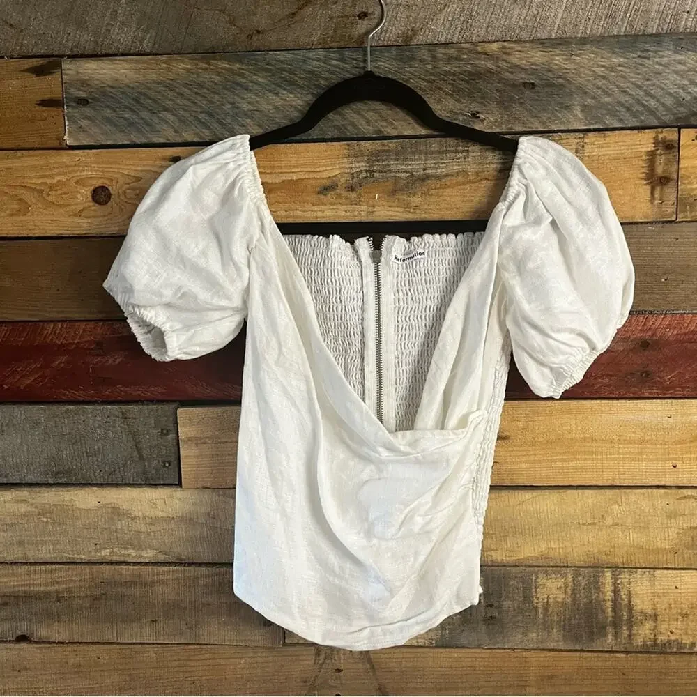 Reformation White Puff Sleeve Smocked Back Top